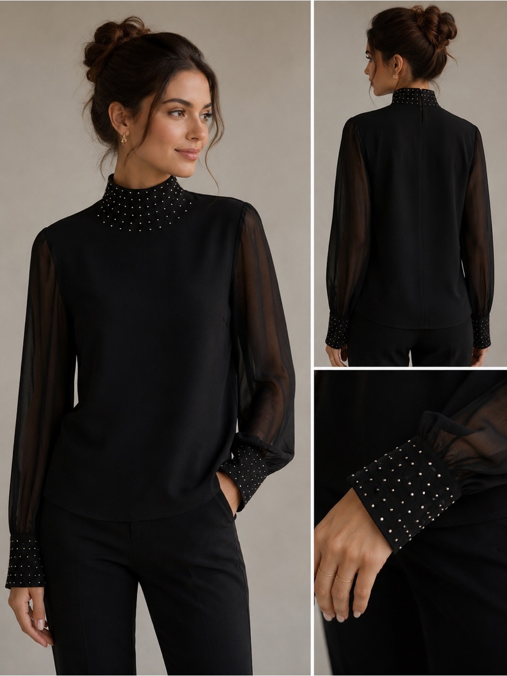 Jeweled Blouse with Sheer Sleeves